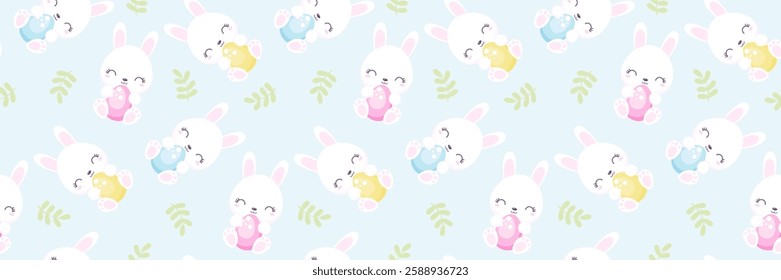 Easter bunnies on blue background seamless pattern. Cute happy rabbit with egg. Easter egg hunt vector.