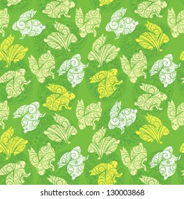 Easter bunnies on green background. Seamless pattern