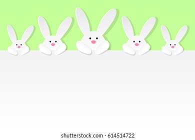 Easter bunnies on green background with copyspace. Vector illustration.