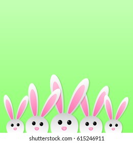 Easter bunnies on green background with copyspace. Vector illustration.