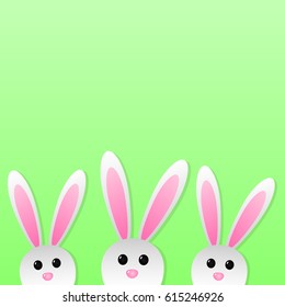 Easter bunnies on green background with copyspace. Vector illustration.