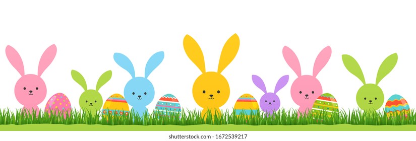 Easter bunnies on green grass with colored eggs. Festive spring banner poster.