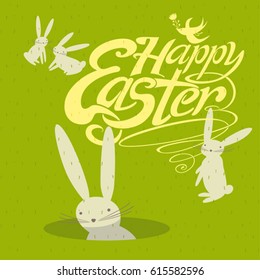 Easter bunnies on green grass.  Vector illustration for holidays design, banner, card, and more.
