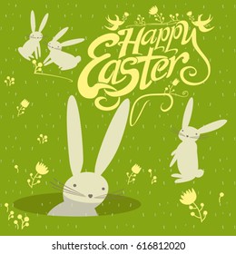 Easter bunnies on green grass. Happy Easter. Vector illustration.