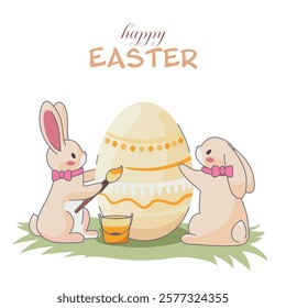 Easter bunnies paint eggs, Easter vector greeting card