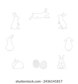 Easter bunnies, painted eggs circular frame with copy space on transparent. Line art style design, isolated vector. Easter holiday clip art, seasonal card, banner, poster, element