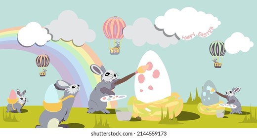 Easter bunnies paints Easter eggs with pastel colors on the background of rainbows, clouds and air balloons. Happy Easter vector isolated cute illustration in pastel colors with lettering Happy Easter