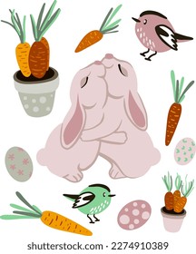 Easter bunnies in pastel colors and spring holiday elements.