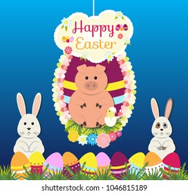 Easter bunnies, piglet, eggs flowers on gradient blue background. Stylish holiday background, Vector illustration.