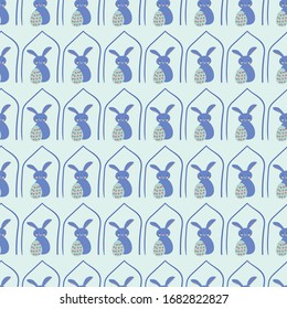 Easter bunnies in quarantine seamless vector pattern. Self isolating during holiday. Stay at home. Pandemic prevention. Scared of getting infected with coronavirus.