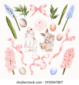 Easter Bunnies, Rabbits With Blue And Pink Flowers hyacinths, peony, Ribbons And Bow

