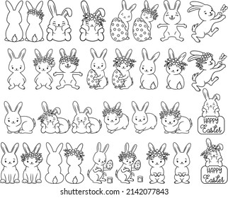 Easter Bunnies, Rabbits with Flowers and Easter Eggs	