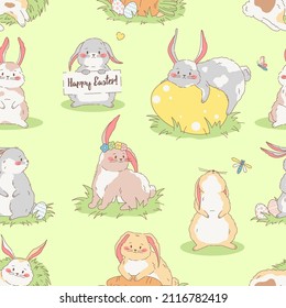 Easter bunnies seamless pattern. Adorable cute cartoon rabbits with easter egg and happy easter text. 