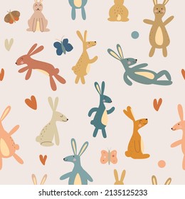 Easter bunnies seamless pattern. Bohemian style with animal print. Springtime. Kids art for clothes, textile. Vector stock illustration