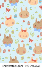 Easter bunnies seamless pattern with butterflies, flowers and eggs . Vector graphics.