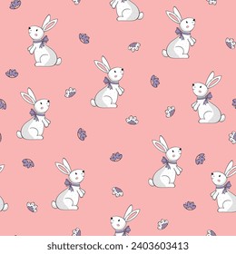 Easter bunnies seamless pattern with cute hand drawn rabbits and flowers on pink background for textile pritns, nursery, wallpaper, scrapbooking, wrapping paper, etc. EPS 10