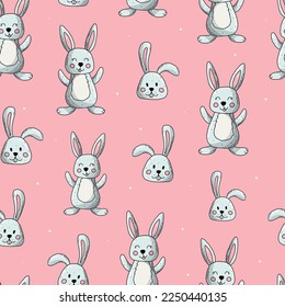 Easter bunnies seamless pattern. Hand drawn rabbits on pink background for nursery textile prints, posters, wrapping paper, wallpaper, scrapbooking, stationary, etc. EPS 10