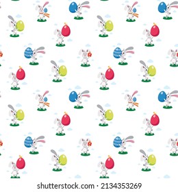 Easter bunnies seamless pattern. Happy easter, egg hunt flat kid's vector illustration. Easter bannies, hares, rabbits with painted eggs. Colorful flat vector illustration isolated on white background