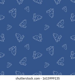 Easter bunnies seamless pattern, vector illustration. White bunny silhouettes on trendy classic blue background. Easter wrapping and textile ideas.
