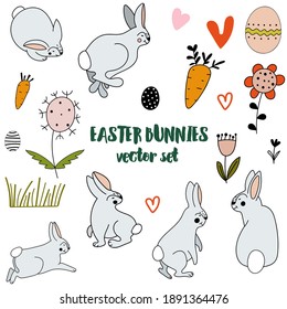 Easter bunnies set. Cartoon style isolated vector images on white background. 