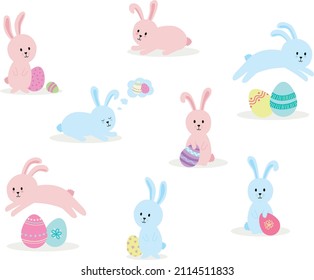 Easter bunnies set of hand drawn pink and blue rabbits in different poses. Sitting, jumping and sleeping rabbits with patterned Easter eggs. Simple, sweet graphics in pastel and spring colours.