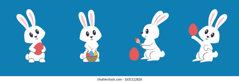 Easter bunnies set isolated on blue background. Stock vector illustration