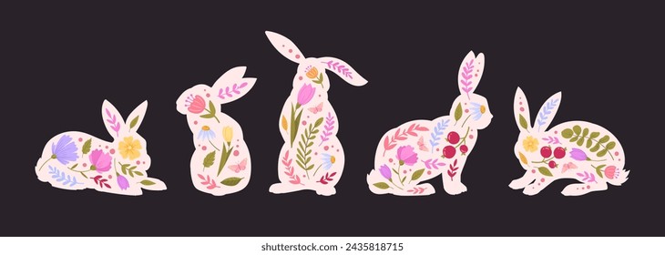 Easter bunnies silhouettes. Cute spring rabbits silhouettes decorated with flowers, easter hares flat vector illustration set. Cartoon rabbits collection