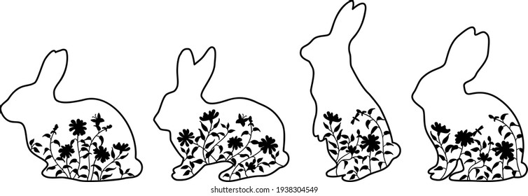 Easter bunnies silhouettes with grass, flowers, butterfly. Rabbits in profile black on white background. Vector illustration in linear style for banner or greeting card