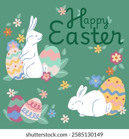 Easter bunnies sitting next to decorated eggs with spring flowers and leaves on a green background with happy easter greeting