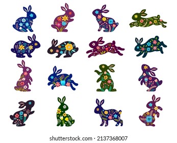 Easter bunnies. Spring designs silhouettes with pictures of leaves and flowers with easter chocolate eggs recent vector decoration templates