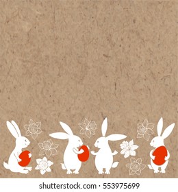 Easter bunnies and spring flowers daffodils. Vector illustration on kraft background with space for text. Greeting card, invitation or isolated elements for design.