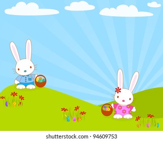 Easter bunnies with their baskets and eggs. Global colors.