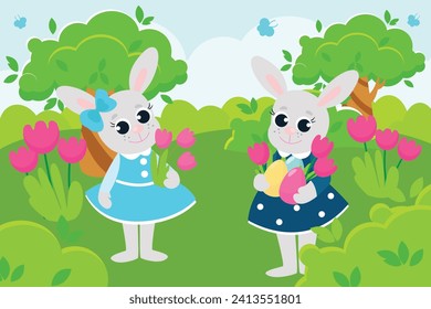 Easter bunnies, two girls are on a green meadow with flowers in their paws. The bunnies are happy and will laugh merrily. Scene in cartoon style.
