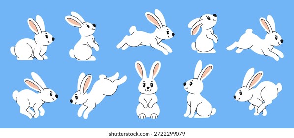 Osterhasen in verschiedenen Posen Set. Cartoon sitzt, steht, springt und läuft Kaninchen für Ostern und andere Designs. Flache Vektorgrafik auf blauem Hintergrund.