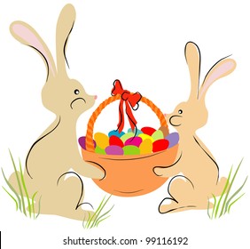 Easter bunnies with a wicker basket with eggs