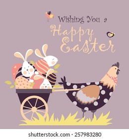 Easter Bunnies,chicken And Easter Eggs. Vector Illustration