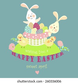 Easter bunnies,chicken and easter eggs. Vector illustration