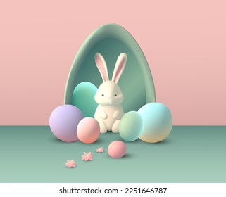 Easter bunny 3d vector concept, rabbit eggs cute background pastel spring holiday happy render art. Vector illustration