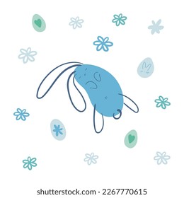 Easter Bunny among the flowers. Simple Linear Hand Drawn Minimalistic Style. Rabbit - spot