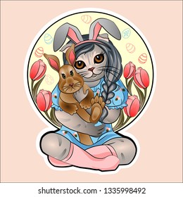 Easter bunny in the arms of a cat on a background of tulips