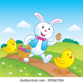 Easter Bunny and Baby Chicks Walking On A Trail