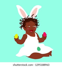 Easter bunny baby girl in white dress brown skin baby little child playing colorful eggs