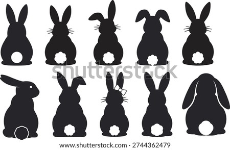 Easter Bunny back view silhouette set vector transparent Background