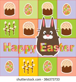 Easter Bunny background Easter attributes, willow, Easter eggs and cakes