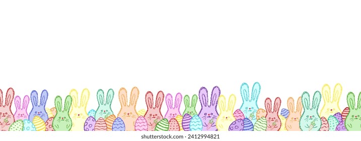 Easter bunny background. Easter border. Children drawing style rabbits hand drawn wax crayons art on white. Chalk Crayon bunny banner. Color pastel crayons freehand drawn bunnies background.