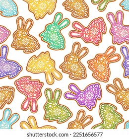 Easter bunny background. Color painted rabbit.  Easter symbol. Egg color gingerbread cookies. Egg hunt vector illustration. Happy Easter day backdrop. Gingerbread cookies background.