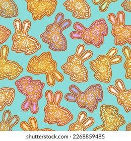 Easter bunny background. Color painted rabbit.  Easter symbol. Egg color gingerbread cookies. Egg hunt vector illustration. Happy Easter day backdrop. Gingerbread cookies background.