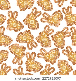 Easter bunny background. Color painted rabbit.  Easter symbol. Egg color gingerbread cookies. Egg hunt vector illustration. Happy Easter day backdrop. Gingerbread cookies background.