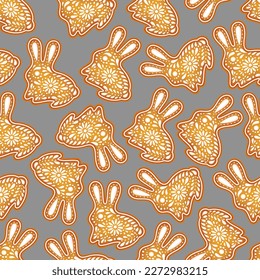 Easter bunny background. Color painted rabbit.  Easter symbol. Egg color gingerbread cookies. Egg hunt vector illustration. Happy Easter day backdrop. Gingerbread cookies background.
