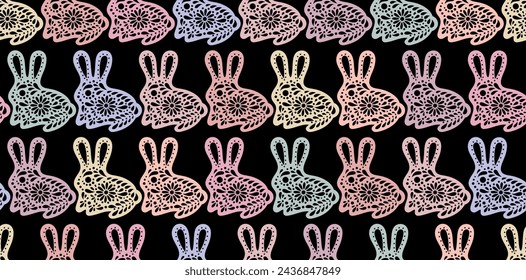 Easter bunny background. Color painted rabbit. Paper cut style Easter symbol. Egg hunt vector illustration. Happy Easter day backdrop. Gingerbread cookies background. 
